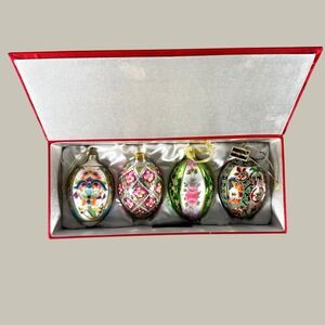 Joan Rivers Glass Egg Ornaments Set of 4 Floral Multi Color Boxed